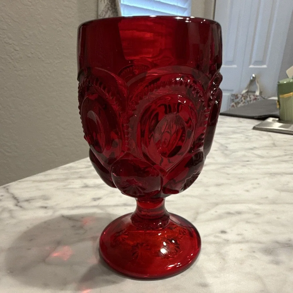 Vintage LE Smith Moon and Star Ruby Red Glass Goblet Pedestal Vase